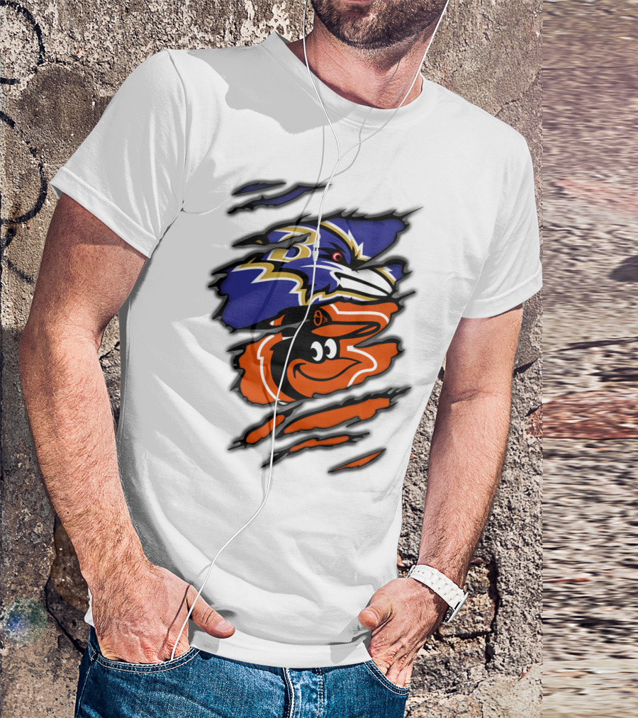 Baltimore Ravens Orioles Logos Ripped T-Shirt
