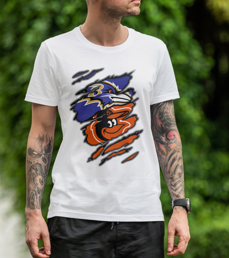 Baltimore Ravens Orioles Logos Ripped T-Shirt