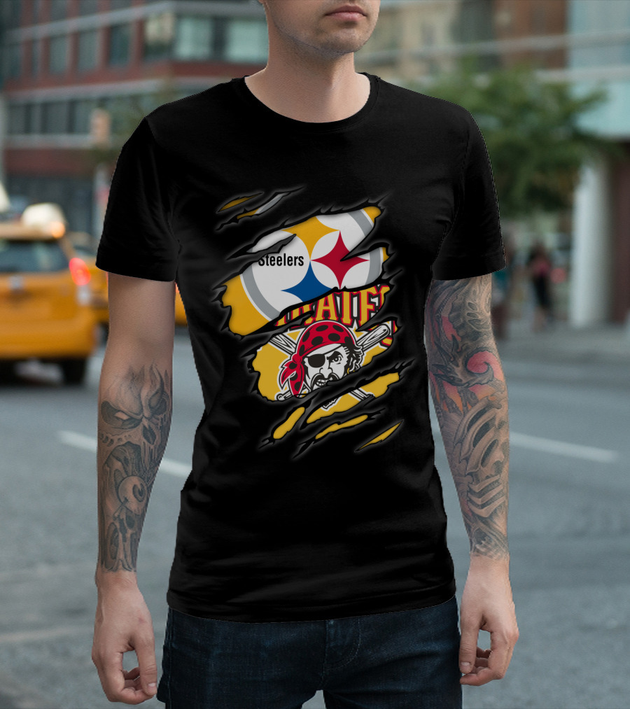 Steelers Pirates Logo Mashup Ripped Effect T-Shirt