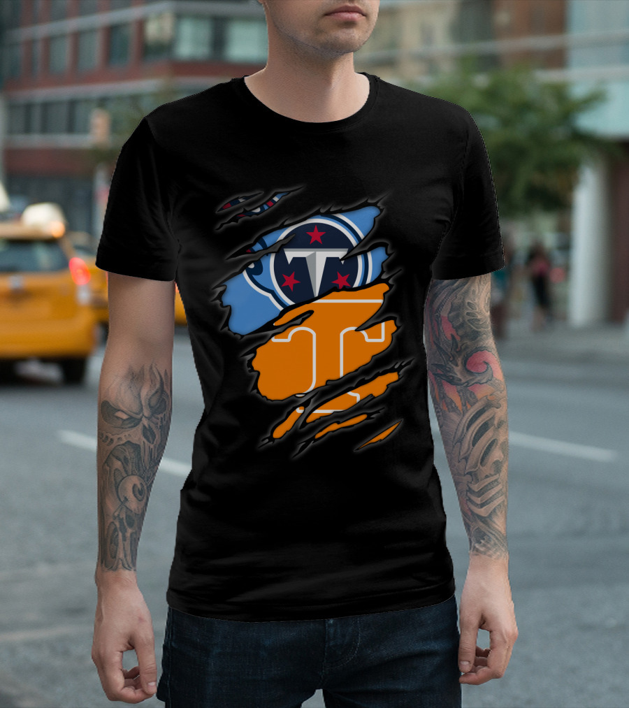 Tennessee Titans Volunteers Ripped Dual Logo Football Team Fan Gear T-Shirt