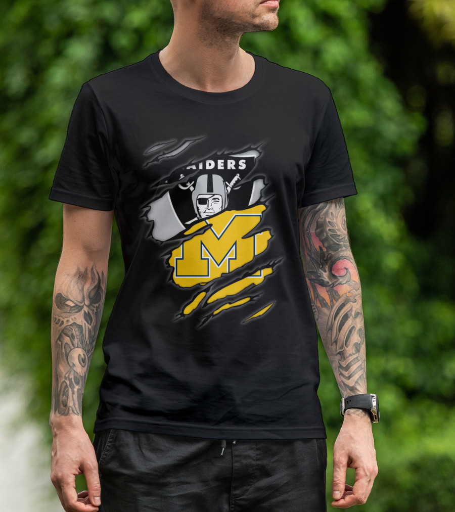 Raiders Oakland Helmet With Michigan Block M Fusion T-Shirt