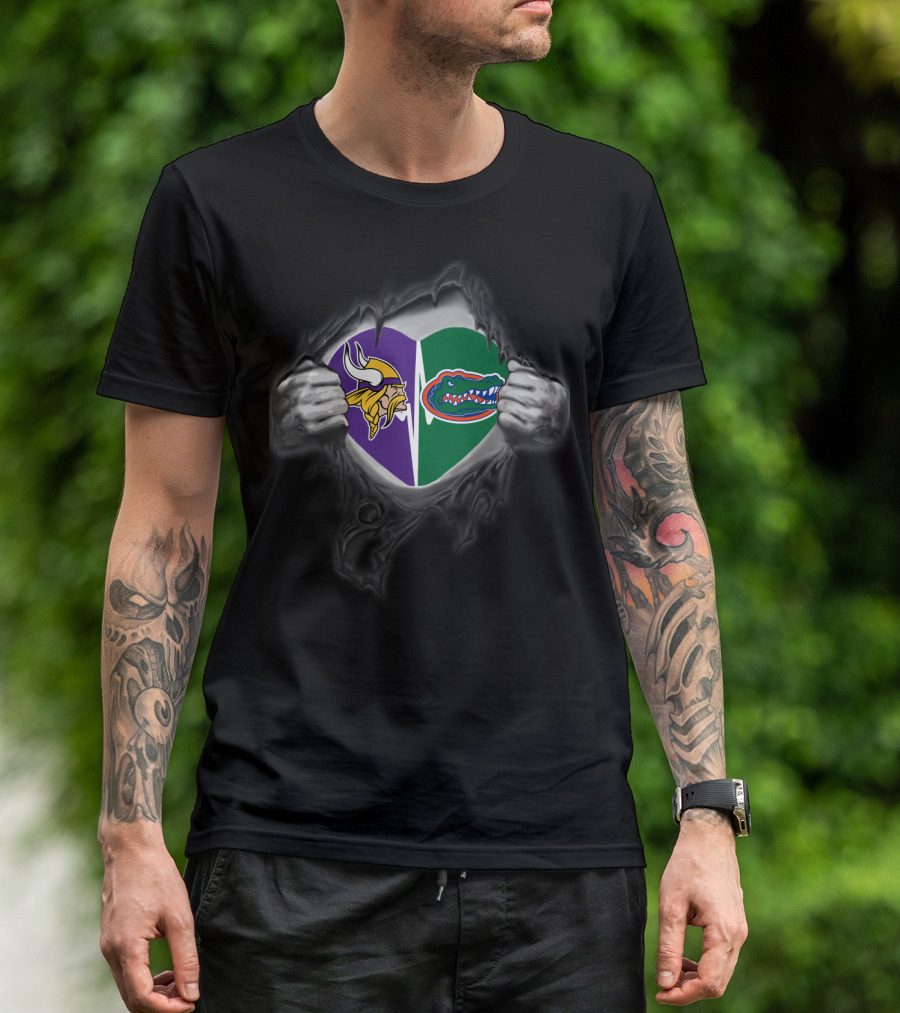 Vikings Gators Heart Split Logo Inside Ripped Chest T-Shirt