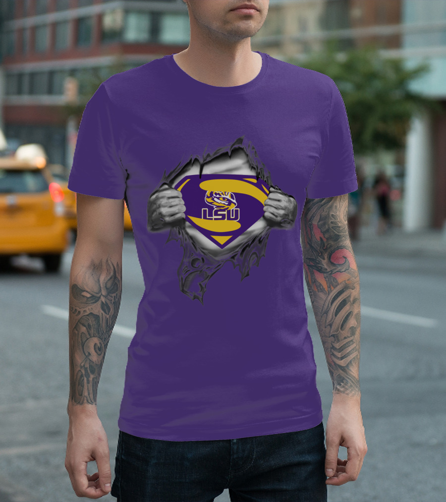 LSU Tigers Superman Logo with Hands Ripping Purple T-Shirt