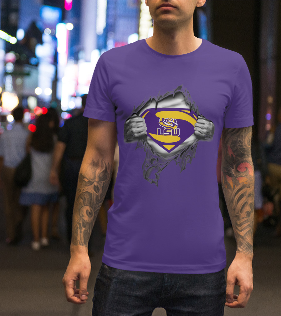 LSU Tigers Superman Logo With Hands Ripping Purple T-Shirt