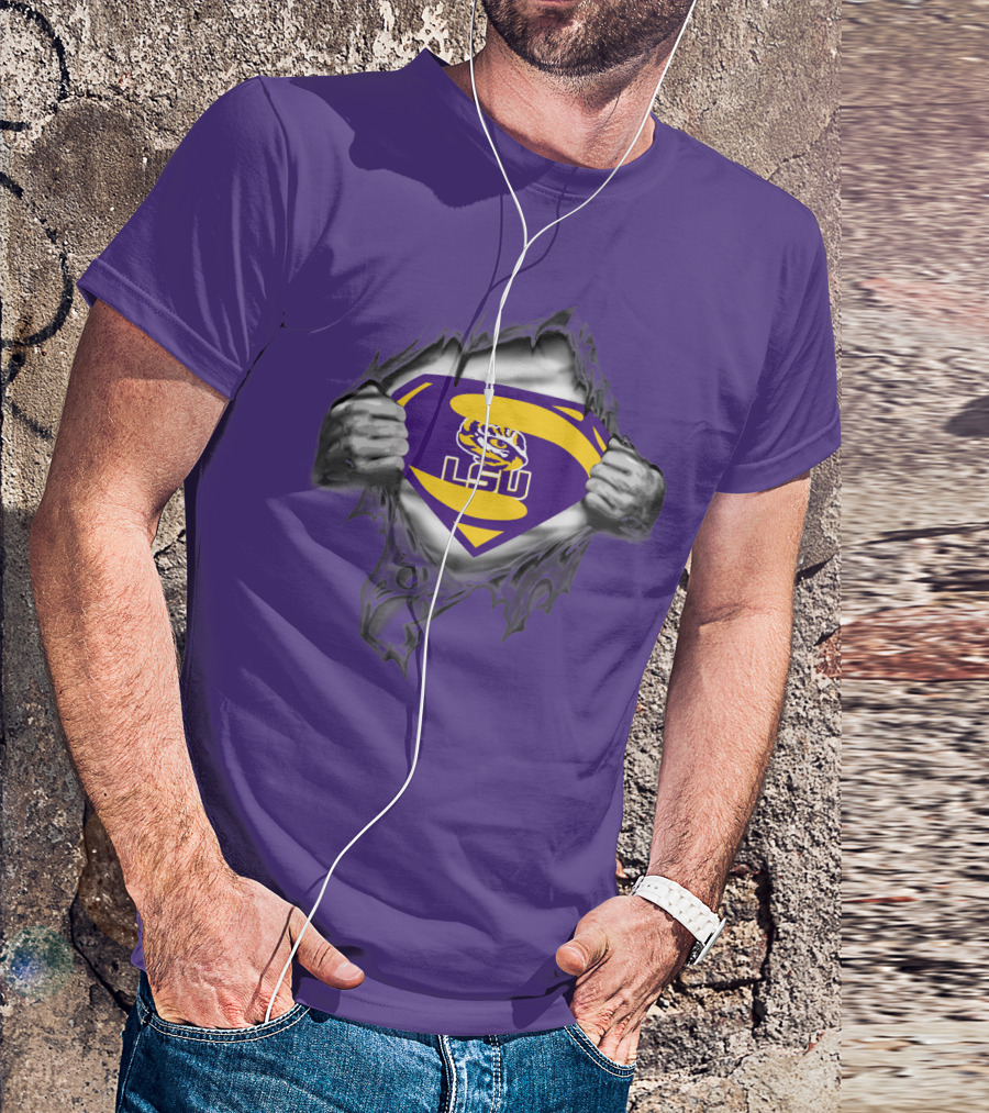 LSU Tigers Superman Logo With Hands Ripping Purple T-Shirt