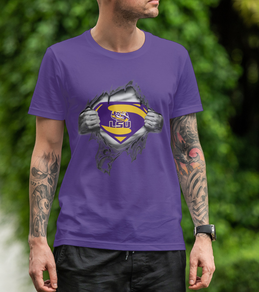 LSU Tigers Superman Logo With Hands Ripping Purple T-Shirt