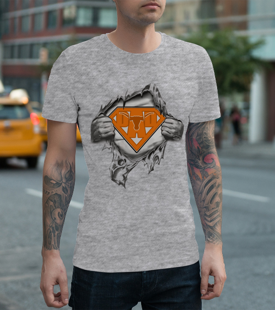 Longhorn Superman Logo Ripped Silver Hands Orange Triangles T-Shirt
