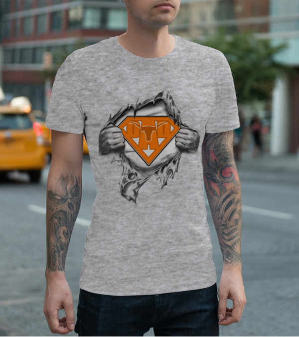 Longhorn Superman Logo Ripped Silver Hands Orange Triangles T-Shirt