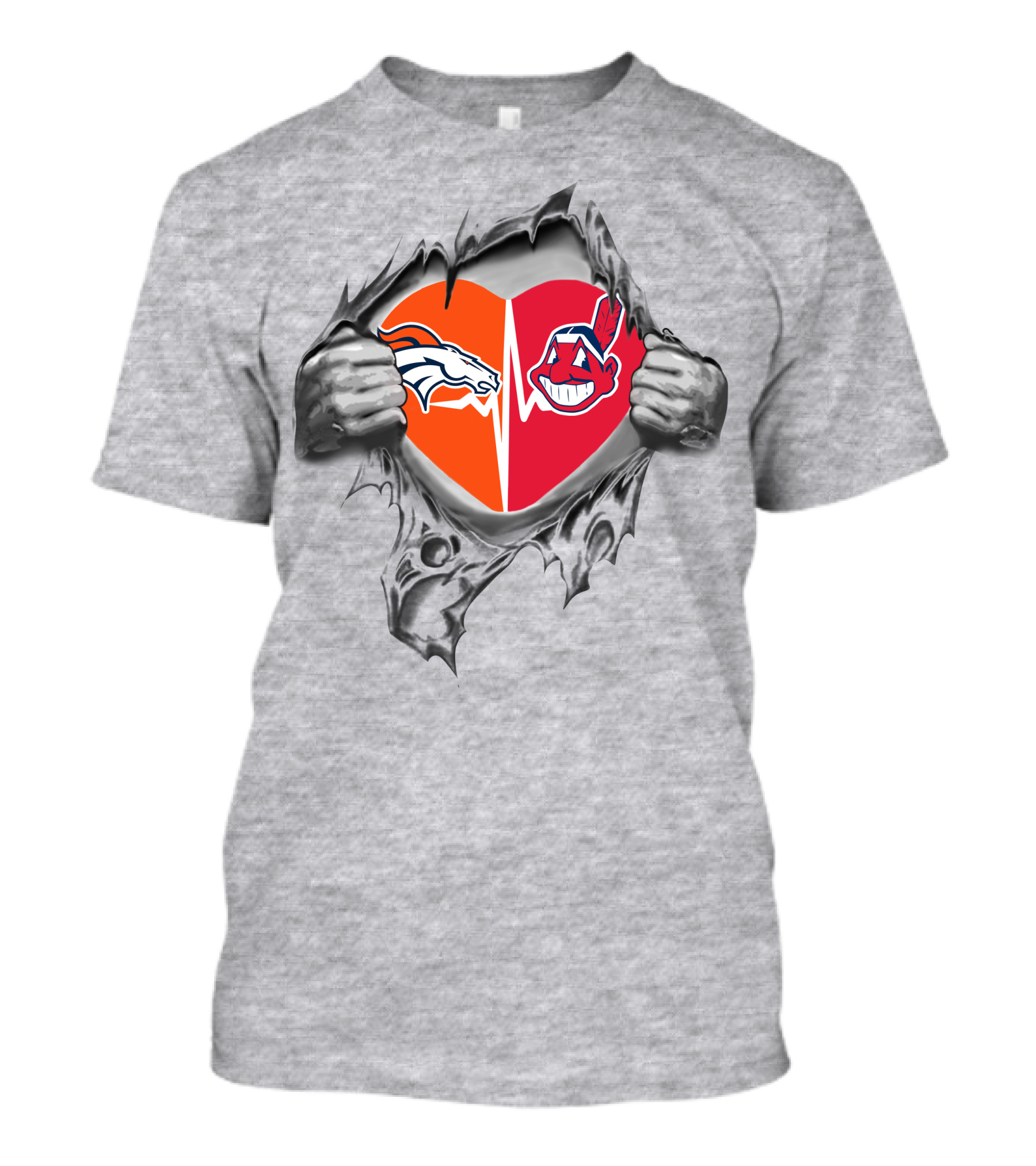 Broncos Indians Heart Symbol With Torn Chest Effect T-Shirt