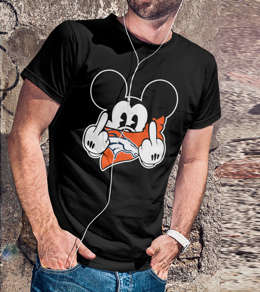 Mickey Mouse Double Gesture With Broncos Logo Bandana T-Shirt