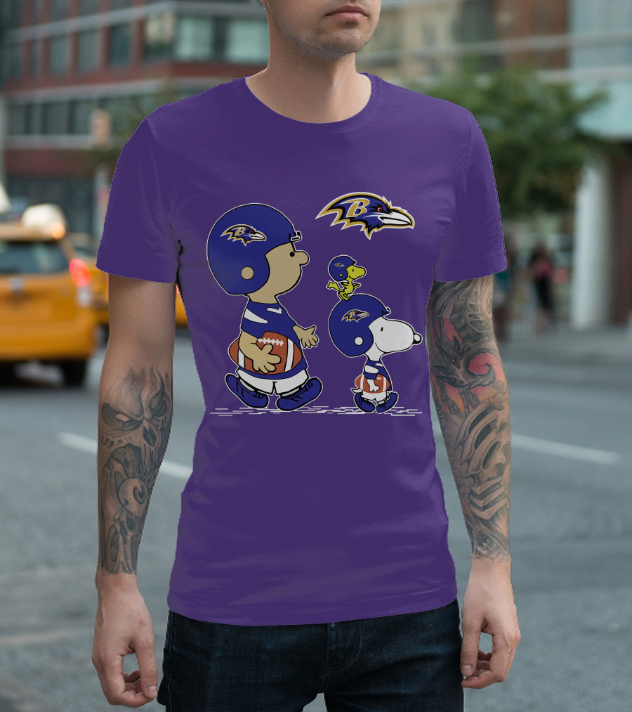 Baltimore Ravens Peanuts Snoopy and Woodstock Football T-Shirt