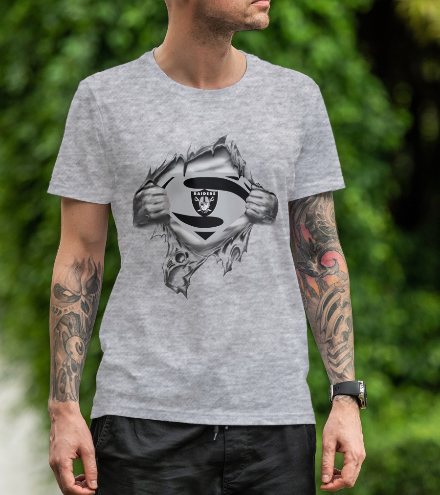 Raiders Super Man Emblem With Raider Logo In Torn Fabric T-Shirt