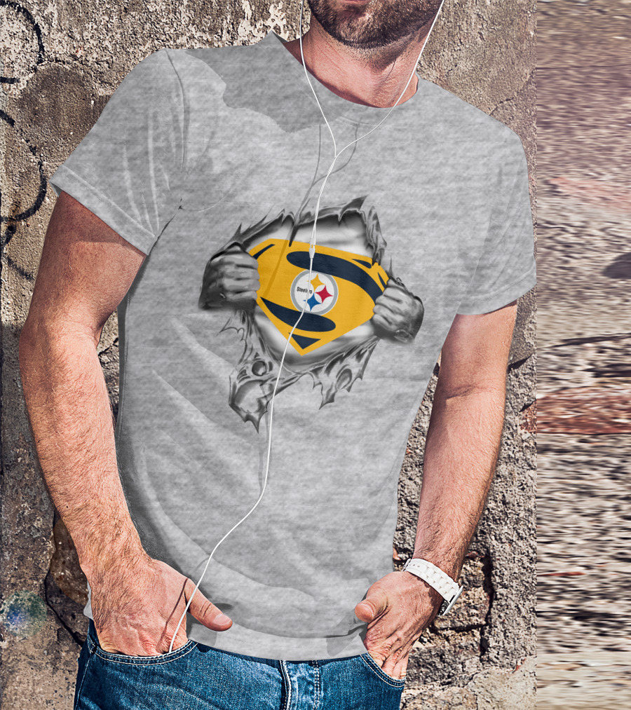 Steelers Super Man Logo With Ripped Metal Effect T-Shirt