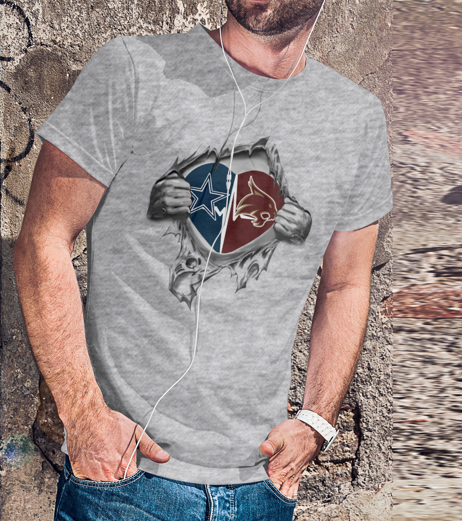 54 Front Cowboys Texas State It's In My Heart Cowboys Logo And Texas Bobcats T-Shirt