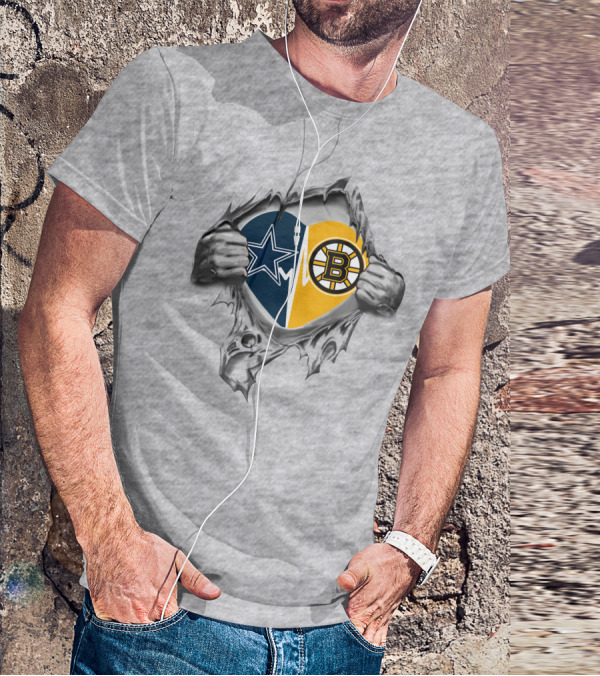 Cowboys Bruins Heart With Star And B Logo In Torn T-Shirt