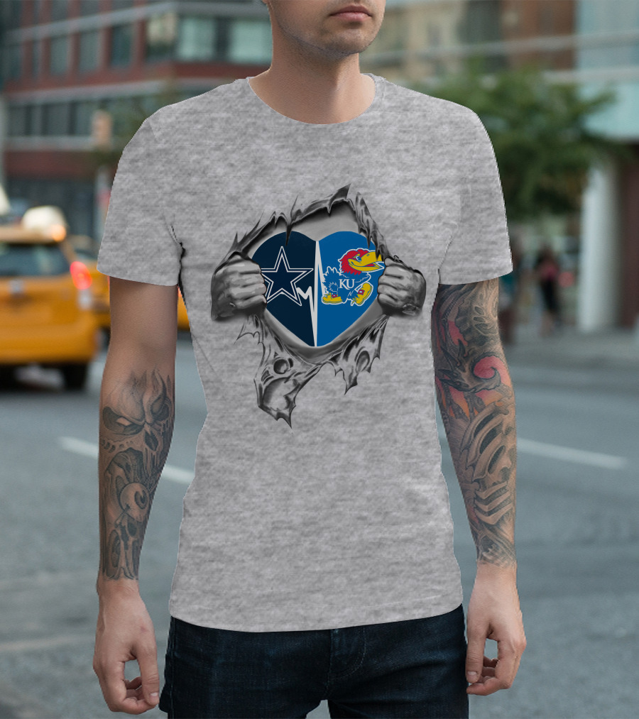 Cowboys Kansas Jayhawks Heart With Dallas Cowboys Star And KU Jayhawk Mascot T-Shirt
