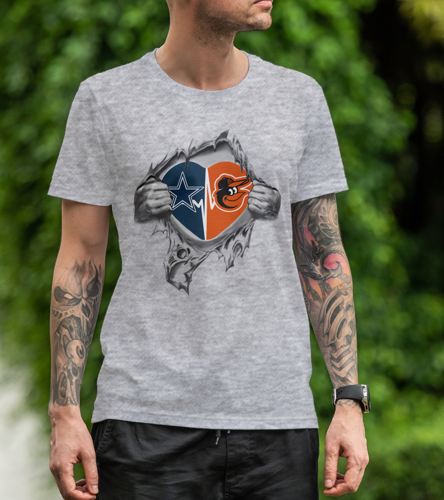 Cowboys Star Orioles Bird Heart Logo With Hands Tearing Fabric T-Shirt