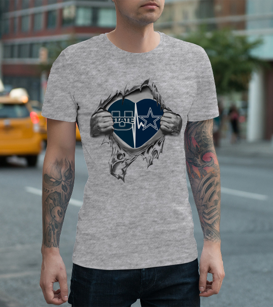Utah State Cowboys Heart Design Football T-Shirt