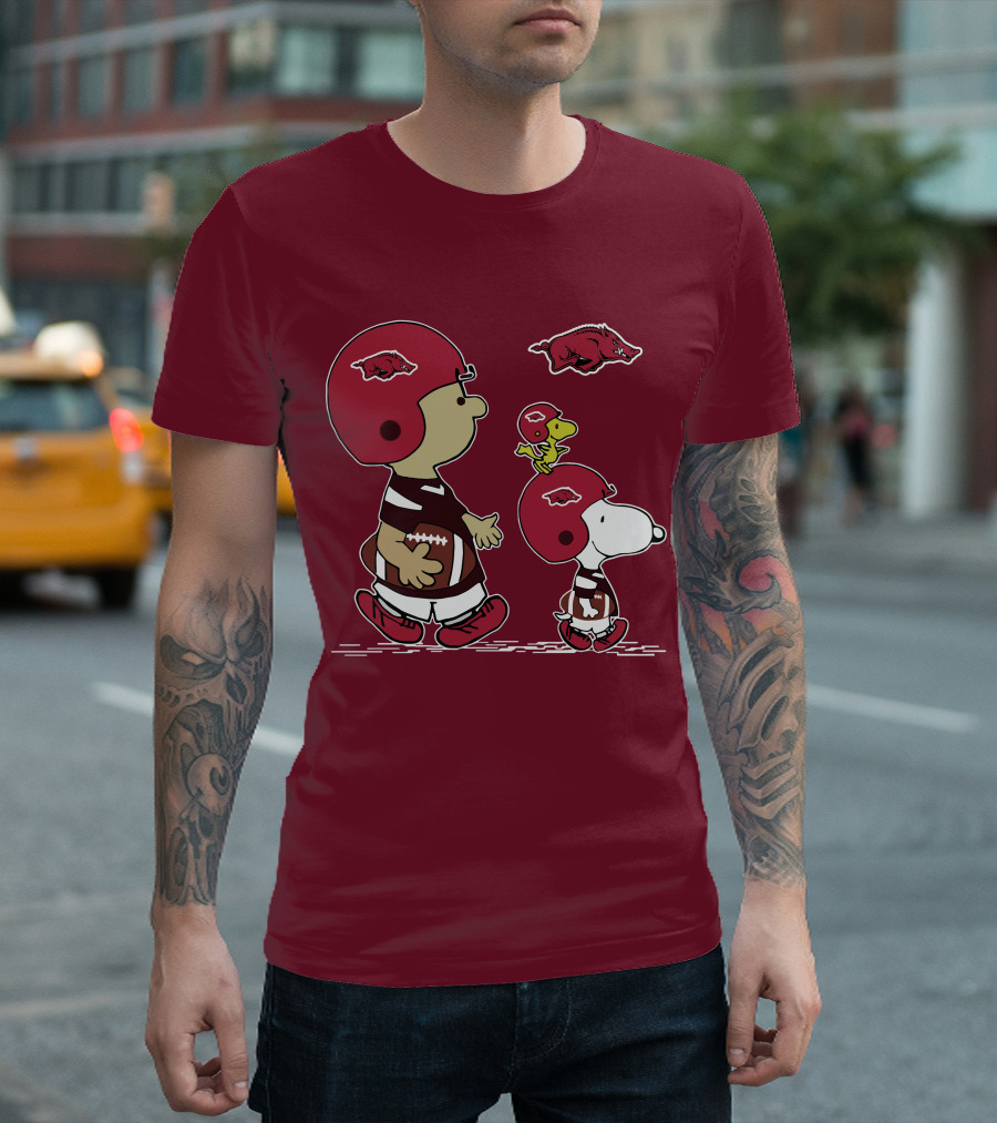 Arkansas Razorbacks Snoopy Football Peanuts Characters with Helmets T-Shirt
