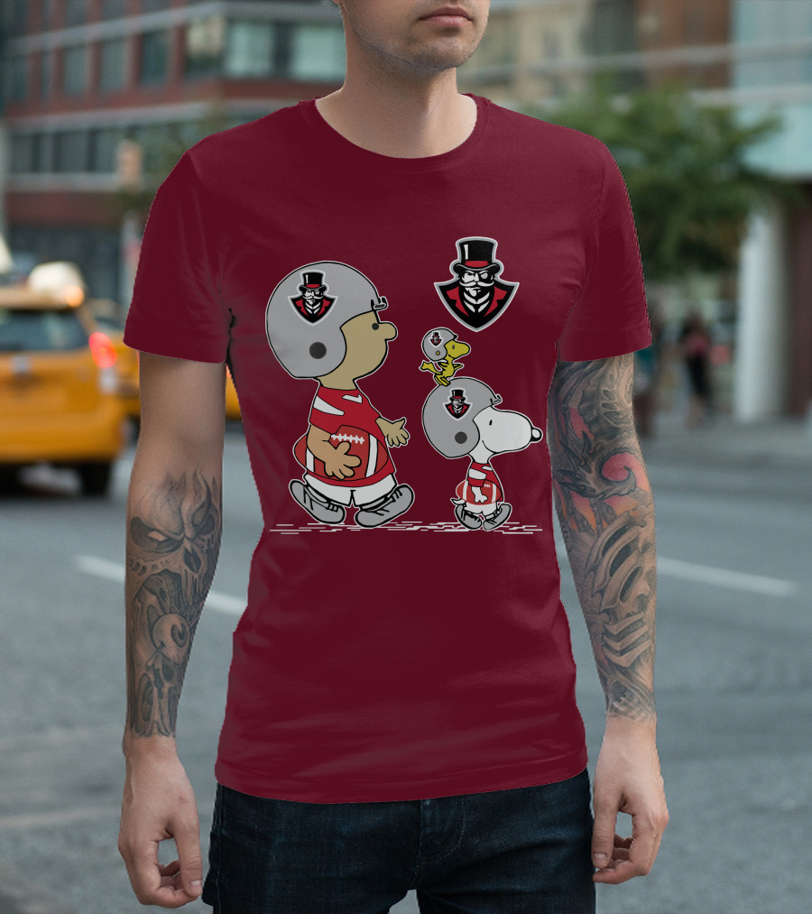 Austin Peay Governor Mascot with Snoopy and Woodstock Football Helmets T-Shirt