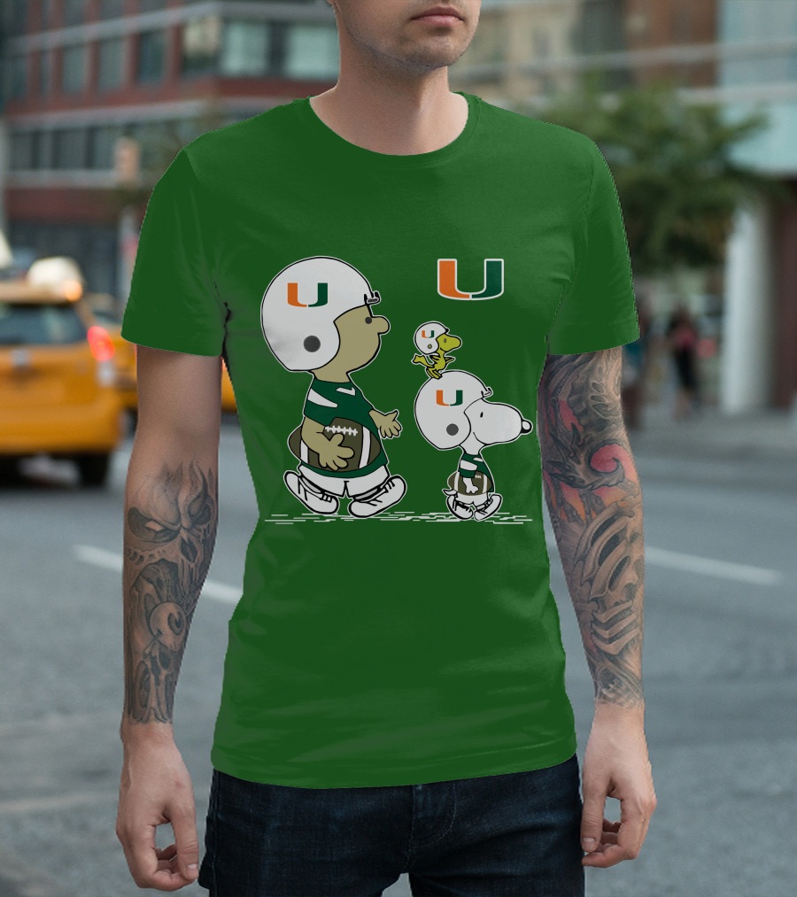 Miami Hurricanes Snoopy and Woodstock Football Helmets Peanuts Comic T-Shirt