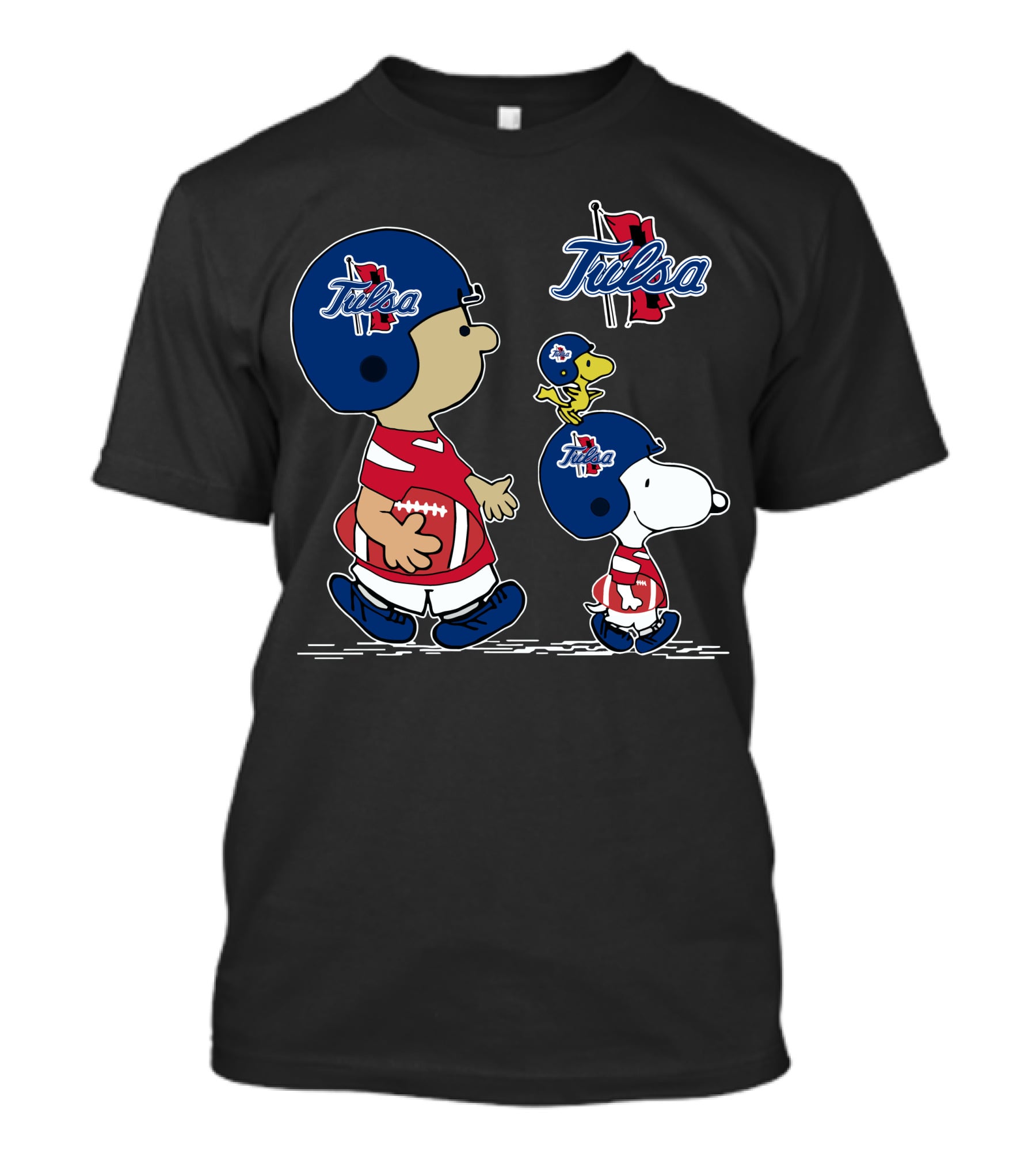 Tulsa Snoopy Football Helmet And Woodstock Walking With Rugby Ball T-Shirt