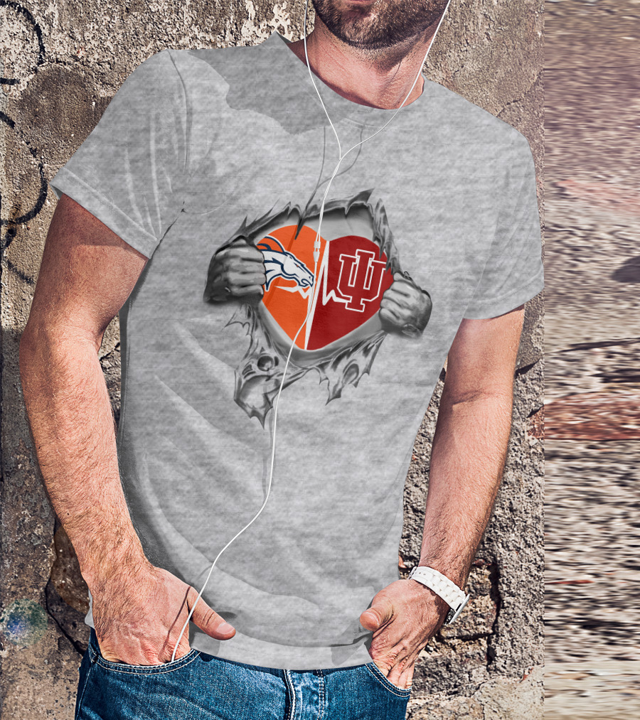 Broncos And Hoosiers Heart Emblem With Split Logos And Ekg Line Featuring Passion And Loyalty T-Shirt