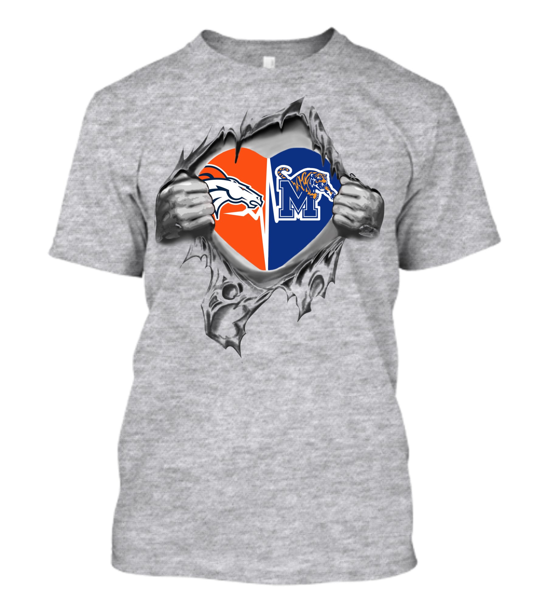 Broncos Memphis Tigers Heart Logo Ripped T-Shirt