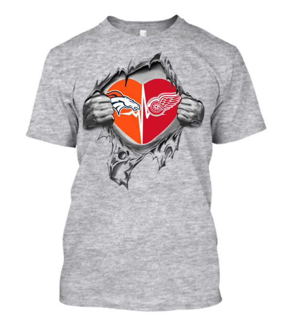 Broncos Red Wings Heart Iconic Fan Love Combining Logos T-Shirt