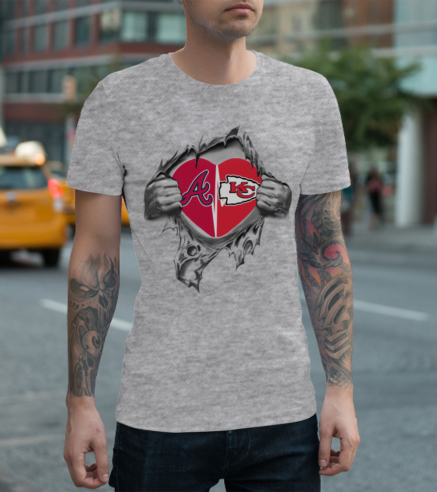Chiefs Braves Heart Logos Torn Fabric T-Shirt