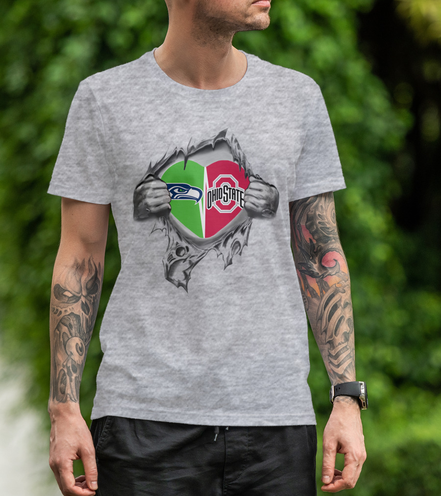 Seahawks Ohio State Split Heart Logo In Hand Tear T-Shirt