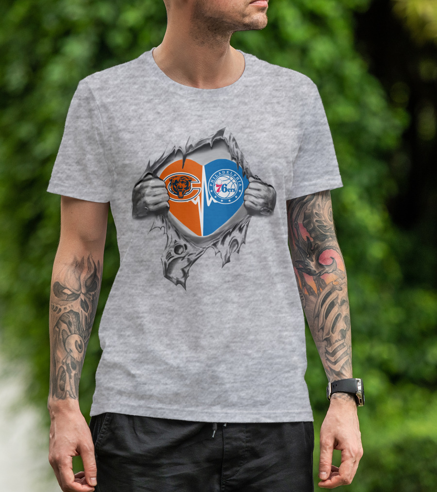 Chicago Bears And Philadelphia 76ers Heart With Tearing Hands T-Shirt