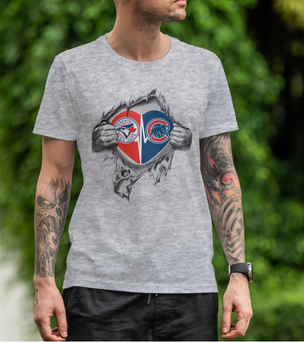 Toronto Blue Jays Chicago Cubs Heart Inside Tearing Hands Logos T-Shirt