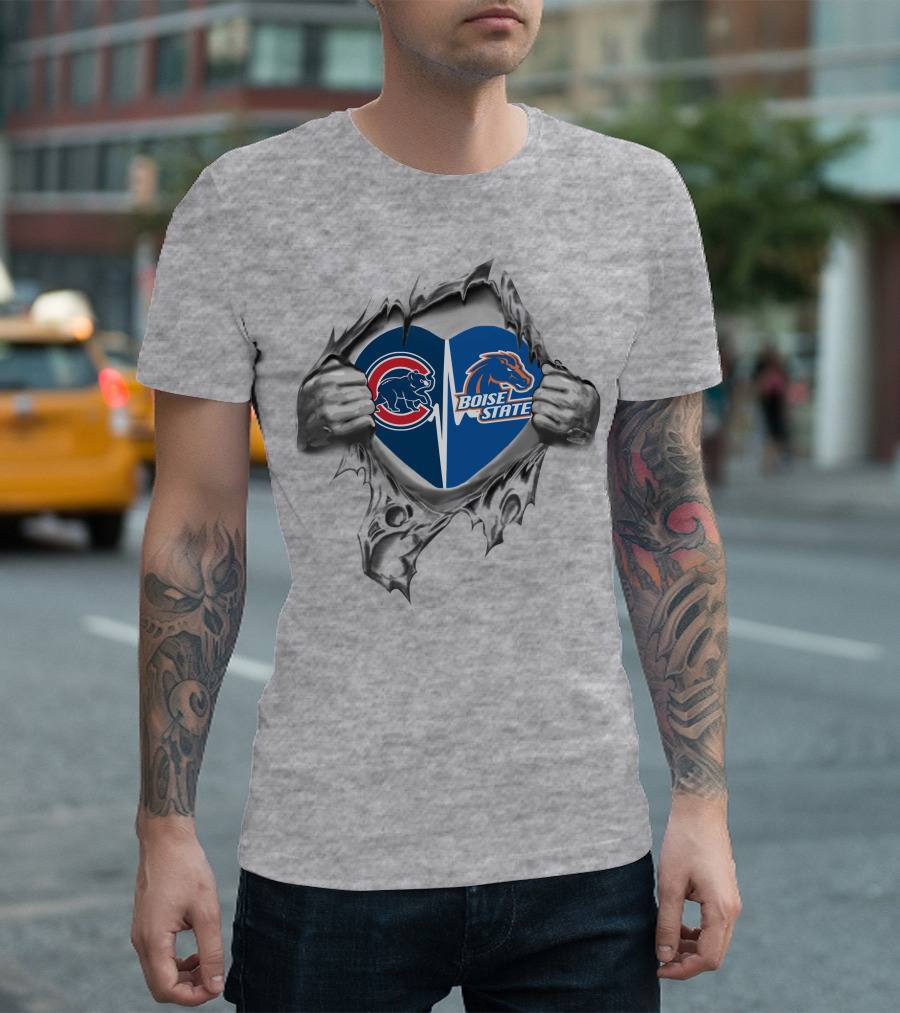 Cubs Boise State Heart With Logos Ripped T-Shirt