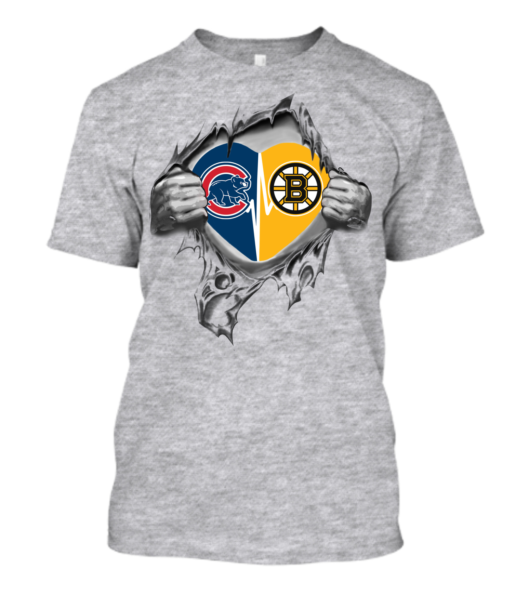 Cubs Bruins Heartbeat Split Torn Fabric Hands T-Shirt