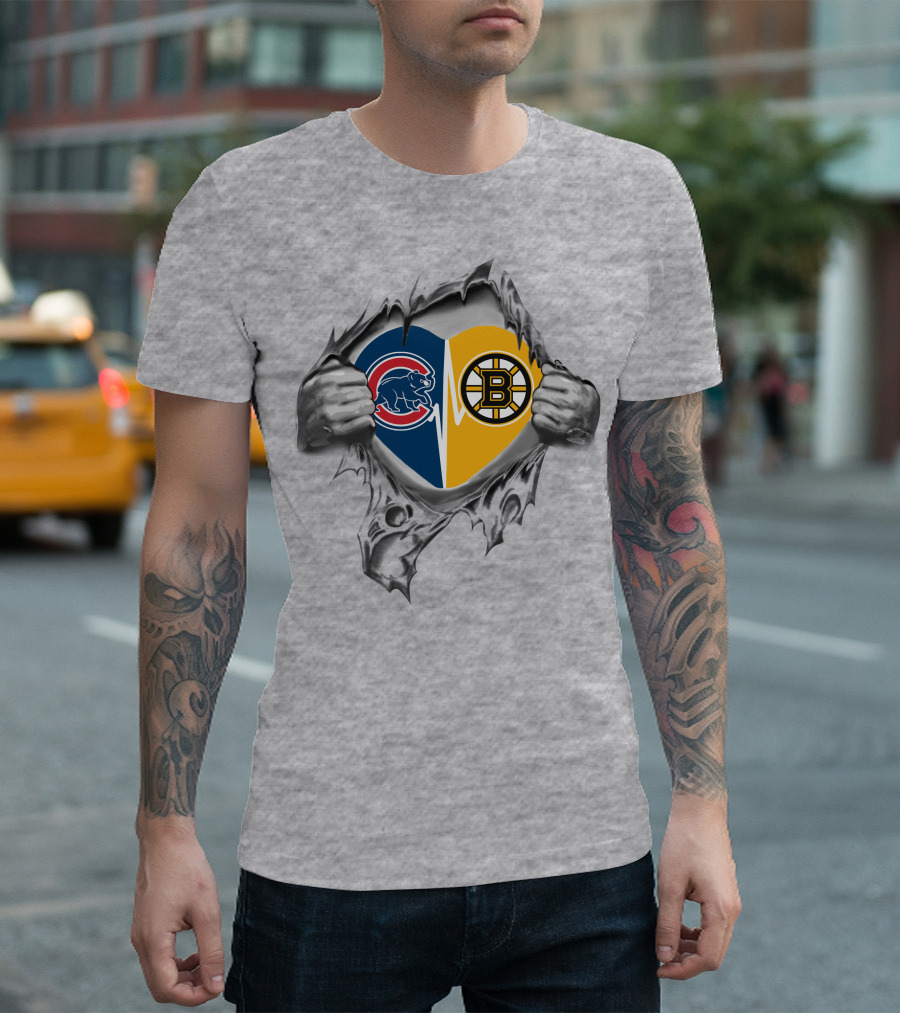 Cubs Bruins Heartbeat Split Torn Fabric Hands T-Shirt