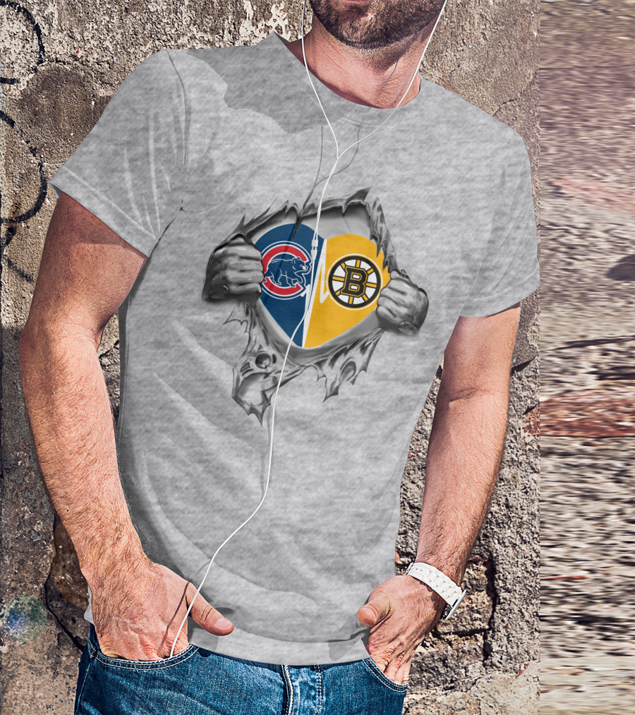 Cubs Bruins Heartbeat Split Torn Fabric Hands T-Shirt