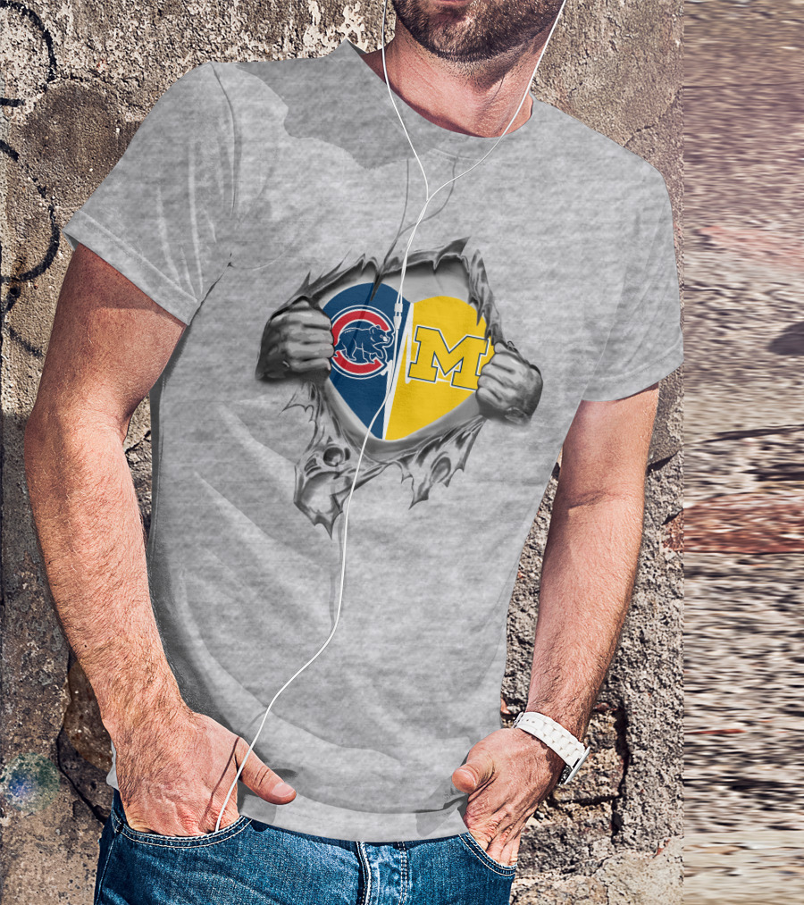 Cubs Michigan Heart Emblem With Hands Tearing T-Shirt