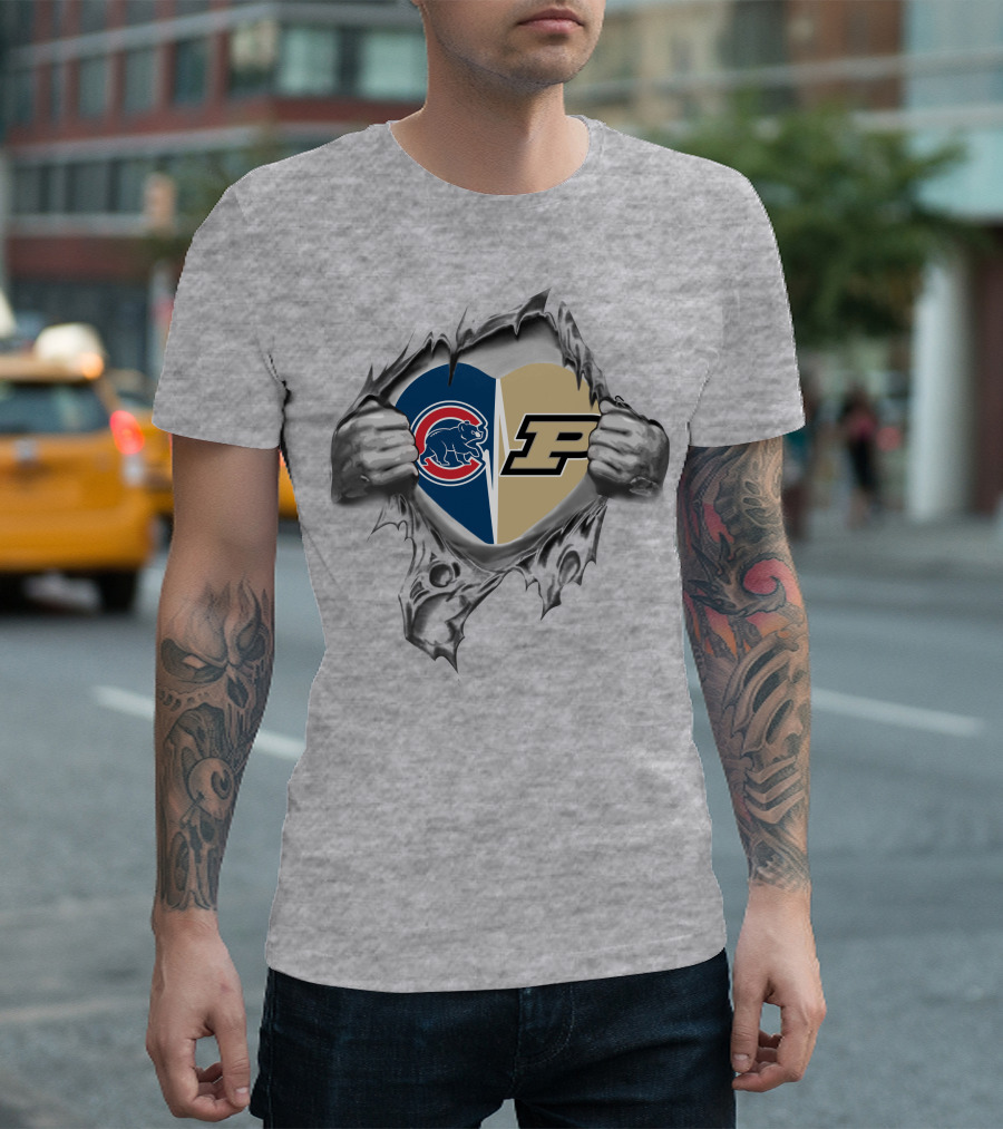 Cubs and Purdue Heart in Torn T-Shirt