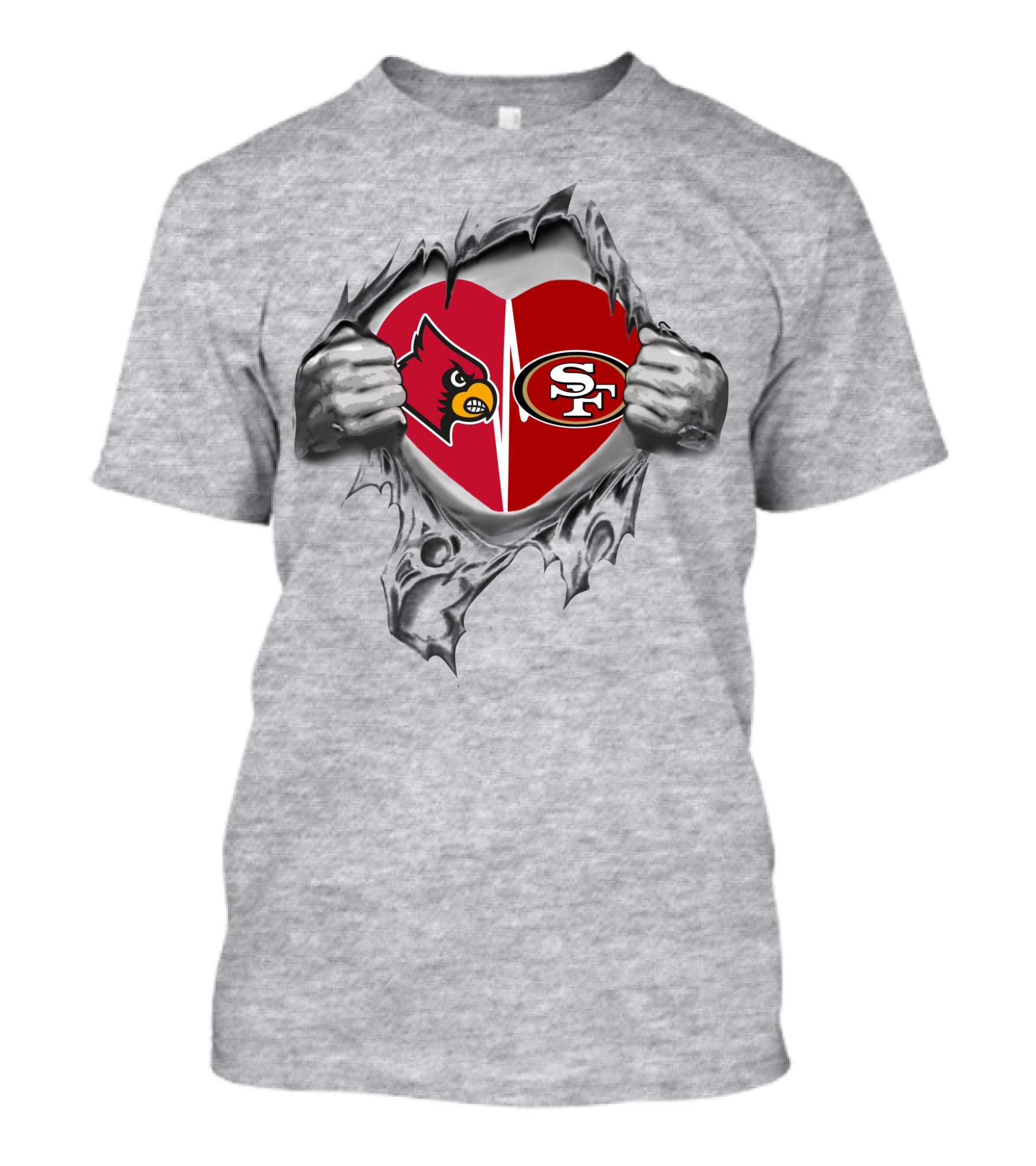 49ers Cardinals Heart With Logos And Tearing Hands T-Shirt
