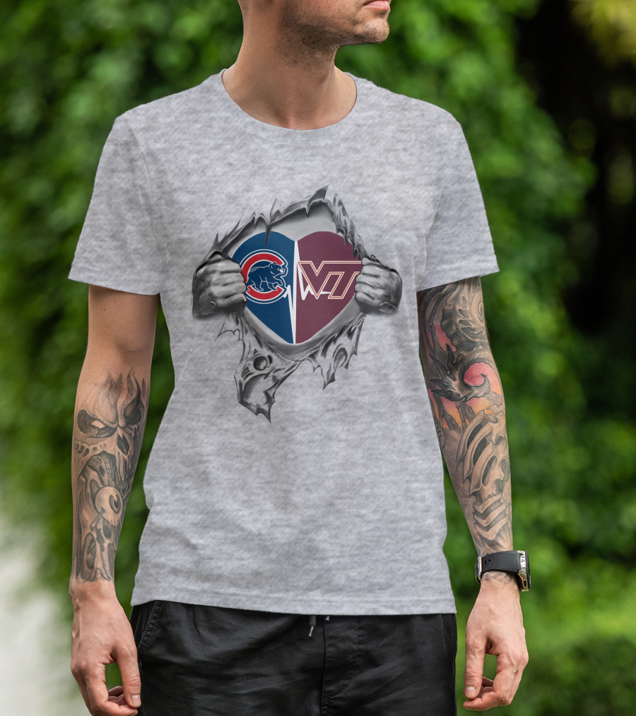 Cubs And Virginia Tech Heart Graphic Tear T-Shirt