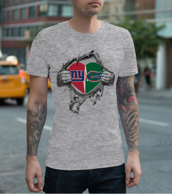NY Giants And Florida Gators Heart Torn Open T-Shirt