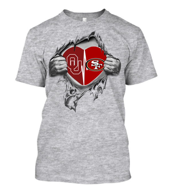 Ou Heartbeat Loyalty Torn By Hands Featuring San Francisco 49ers T-Shirt