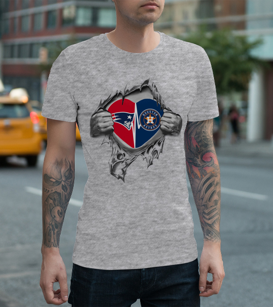 Patriots Astros Heart With Logos Torn Fabric T-Shirt