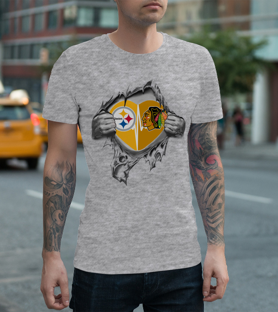 Steelers Blackhawks Heart Exposed Through Torn Surface Hands T-Shirt