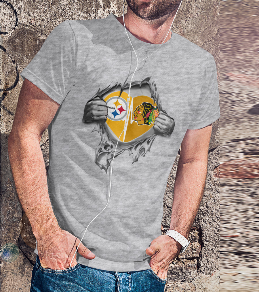 Steelers Blackhawks Heart Exposed Through Torn Surface Hands T-Shirt