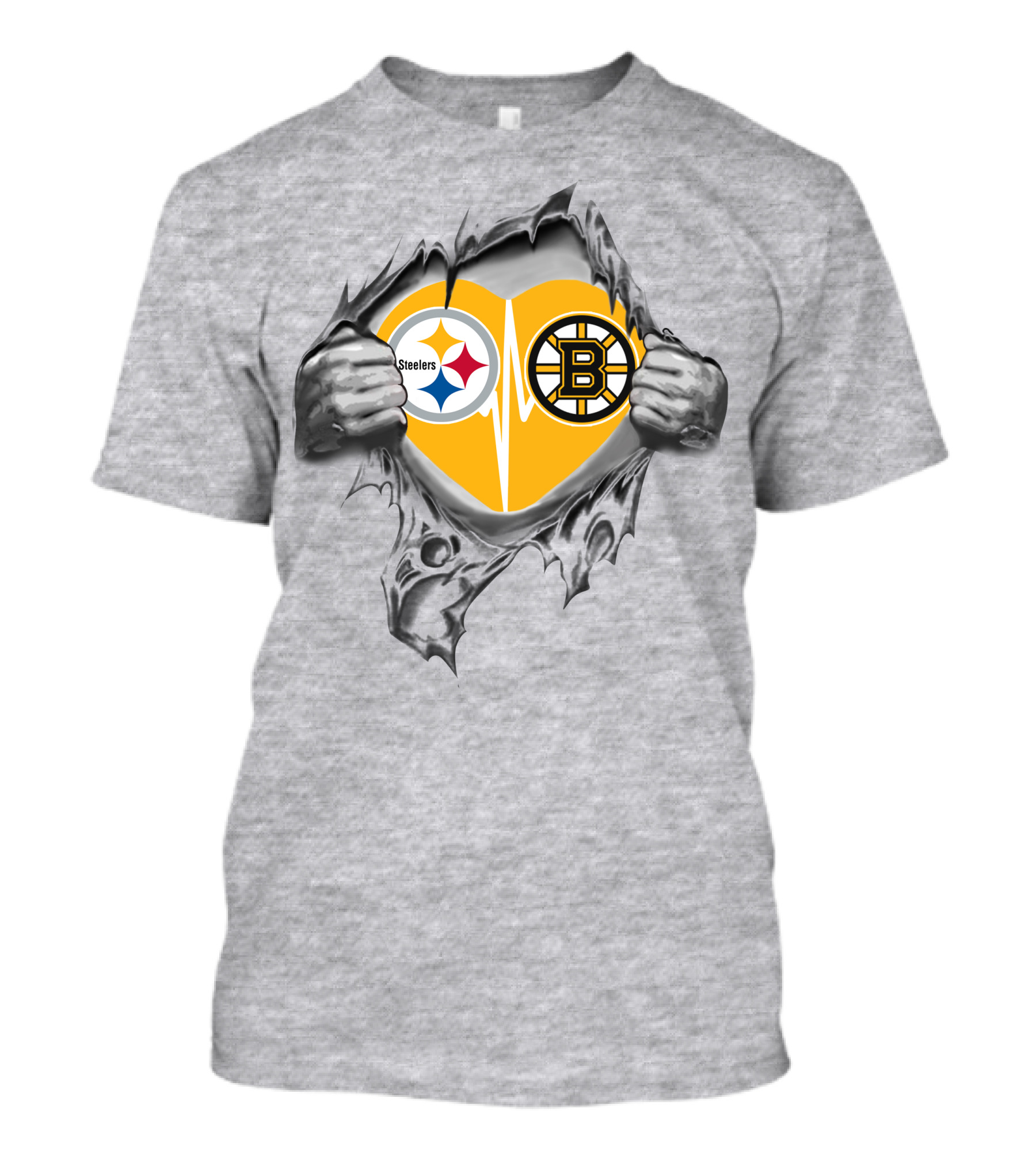 Steelers Bruins Heart Torn Open With Logos T-Shirt