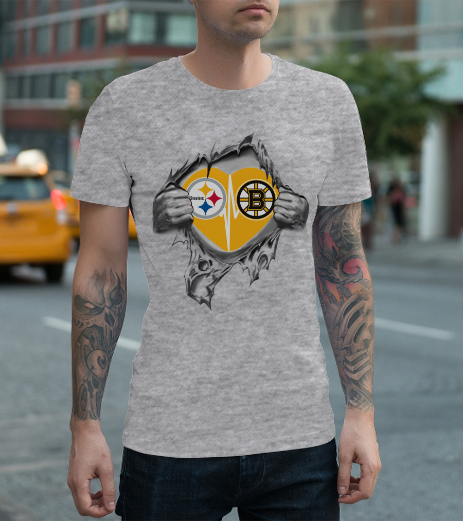 Steelers Bruins Heart Torn Open With Logos T-Shirt