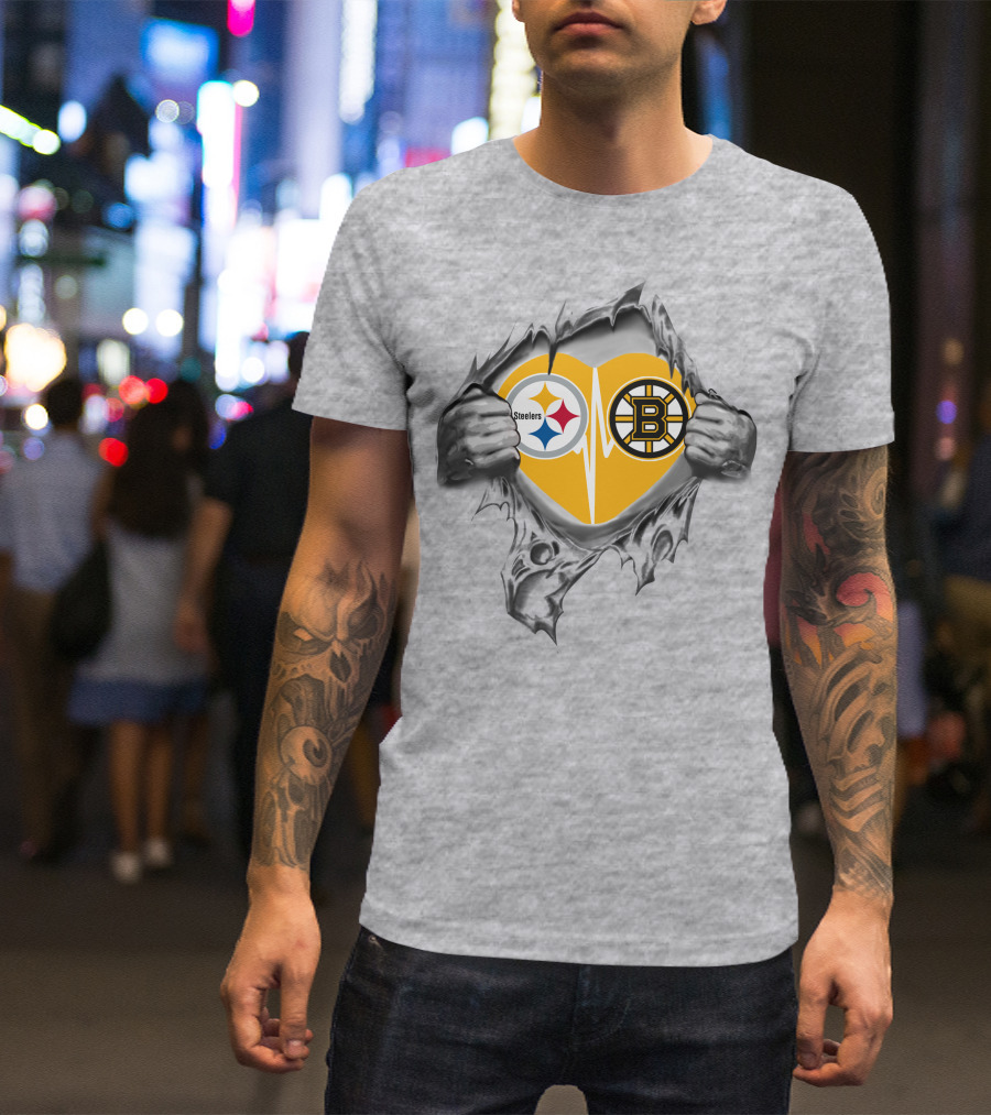 Steelers Bruins Heart Torn Open With Logos T-Shirt