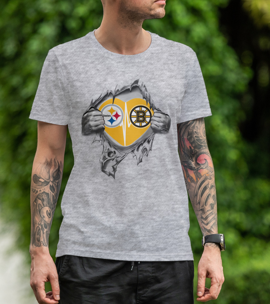 Steelers Bruins Heart Torn Open With Logos T-Shirt